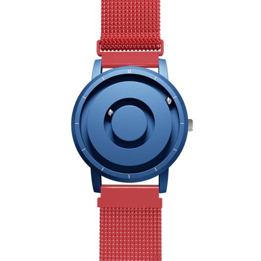     Magneto-Watch-Jupiter-Blue-Maschenarmband-Rot-Front