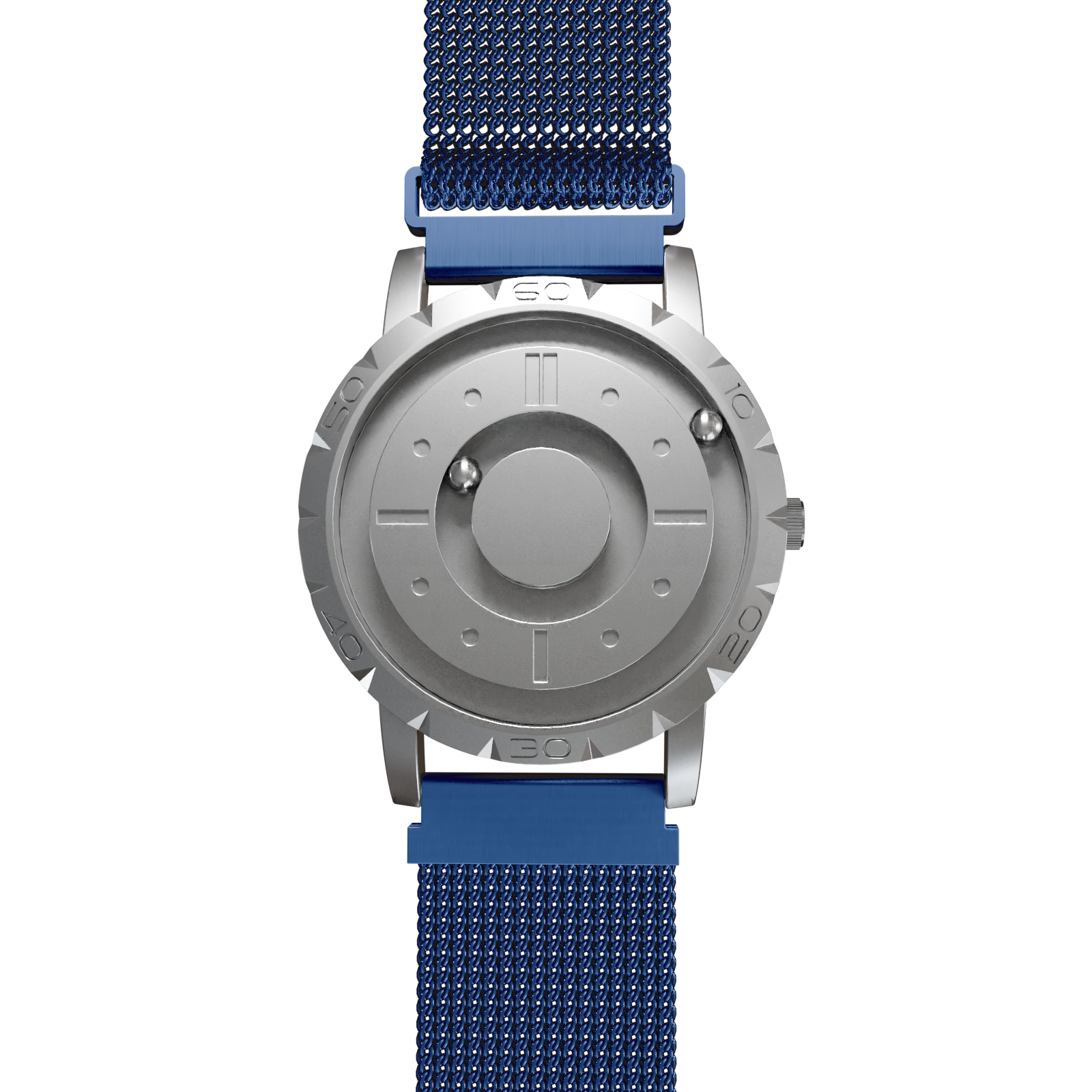 Magneto-Watch-Komet-Silver-Maschenarmband-Blau-Front
